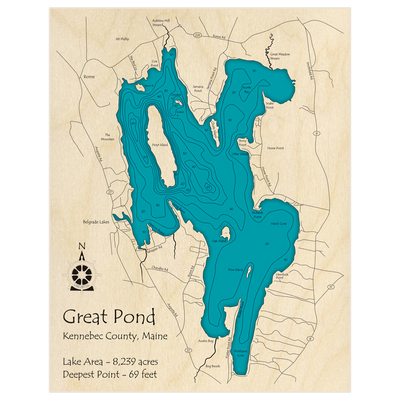 Bathymetric topo map of Great Pond with roads, towns and depths noted in blue water