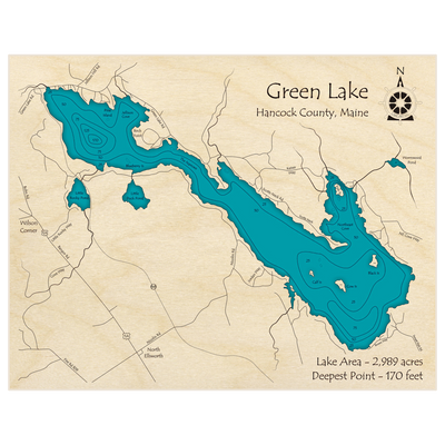 Bathymetric topo map of Green Lake with roads, towns and depths noted in blue water