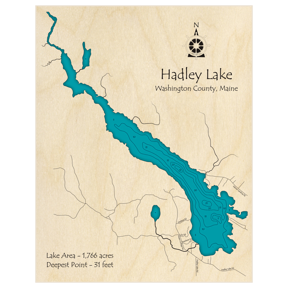 Bathymetric topo map of Hadley Lake with roads, towns and depths noted in blue water