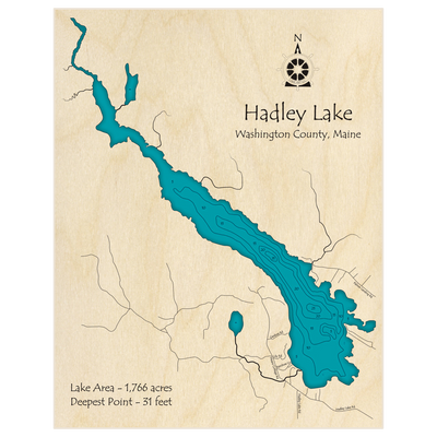 Bathymetric topo map of Hadley Lake with roads, towns and depths noted in blue water