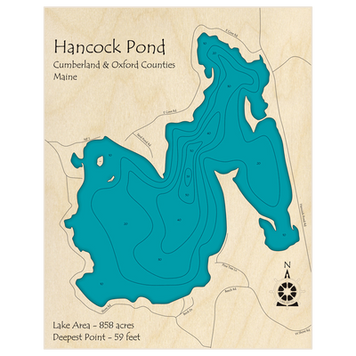 Bathymetric topo map of Hancock Pond with roads, towns and depths noted in blue water