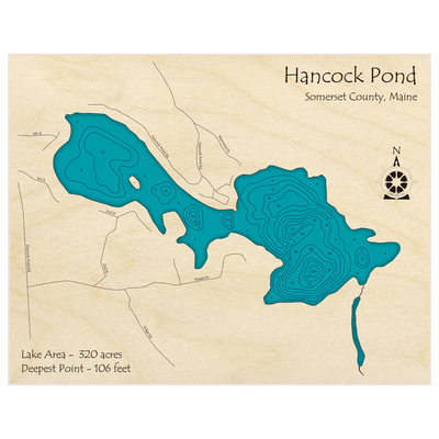 Bathymetric topo map of Hancock Pond with roads, towns and depths noted in blue water