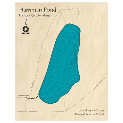 Bathymetric topo map of Harriman Pond with roads, towns and depths noted in blue water