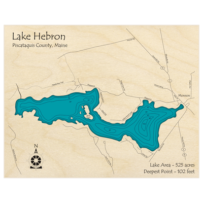 Bathymetric topo map of Lake Hebron with roads, towns and depths noted in blue water