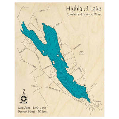 Bathymetric topo map of Highland Lake (Near Bridgton) with roads, towns and depths noted in blue water