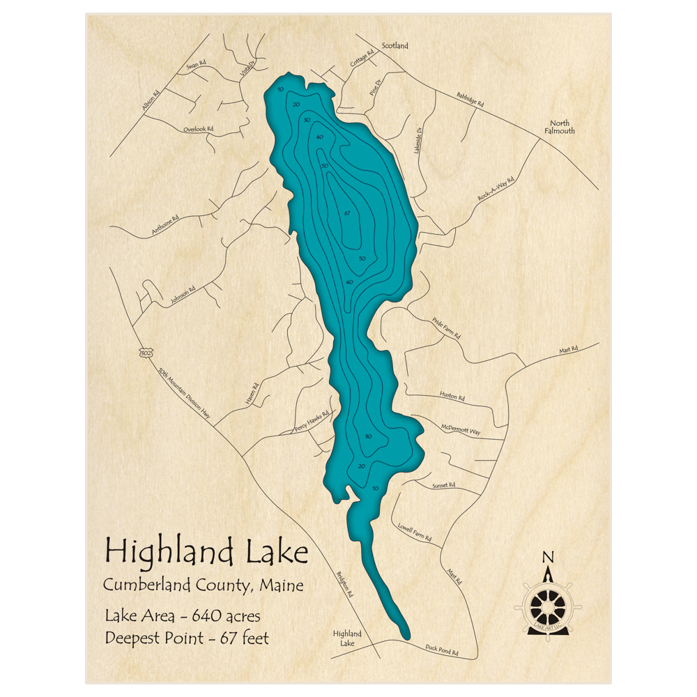 Bathymetric topo map of Highland Lake (Near Windham) with roads, towns and depths noted in blue water