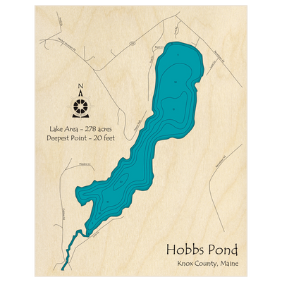 Bathymetric topo map of Hobbs Pond with roads, towns and depths noted in blue water