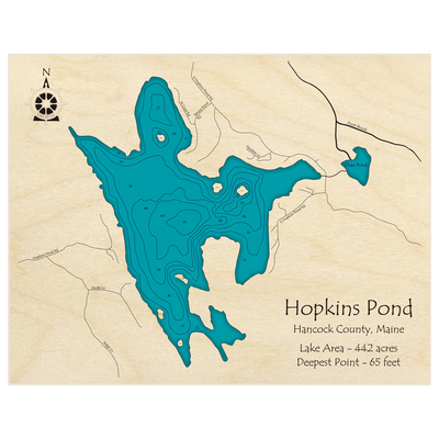 Bathymetric topo map of Hopkins Pond with roads, towns and depths noted in blue water