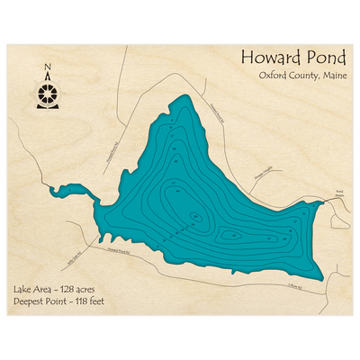 Bathymetric topo map of Howard Pond with roads, towns and depths noted in blue water