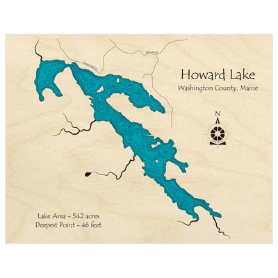 Bathymetric topo map of Howard Lake with roads, towns and depths noted in blue water