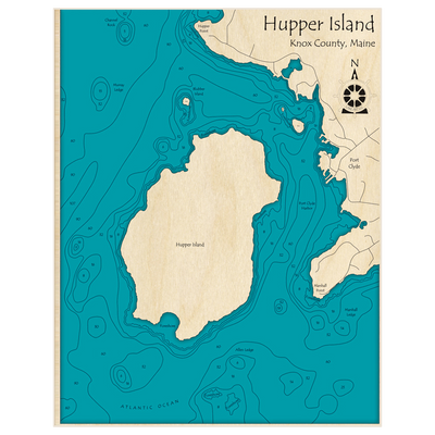 Bathymetric topo map of Hupper Island with roads, towns and depths noted in blue water