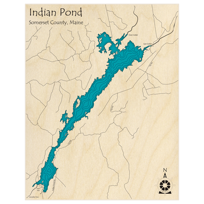 Bathymetric topo map of Indian Pond (Near Greenville) with roads, towns and depths noted in blue water