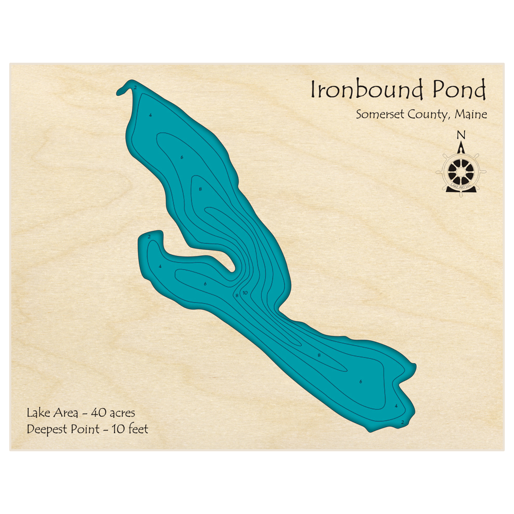 Bathymetric topo map of Ironbound Pond (Near Alder Brook) with roads, towns and depths noted in blue water
