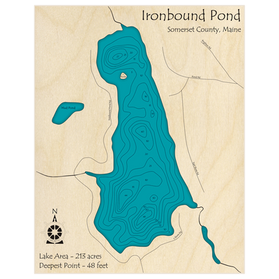 Bathymetric topo map of Ironbound Pond (Near Solon-Athens) with roads, towns and depths noted in blue water