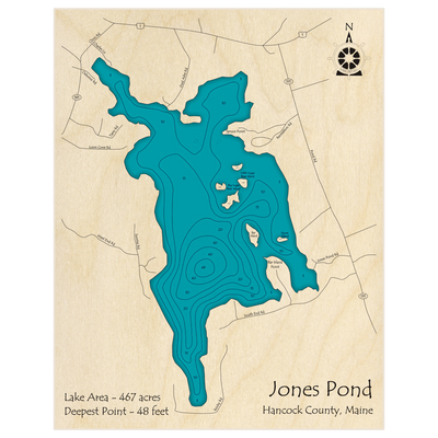 Bathymetric topo map of Jones Pond with roads, towns and depths noted in blue water