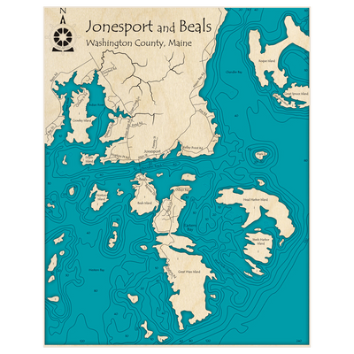 Bathymetric topo map of Jonesport and Beals with roads, towns and depths noted in blue water