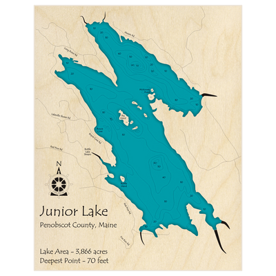 Bathymetric topo map of Junior Lake with roads, towns and depths noted in blue water