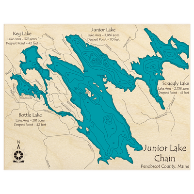 Bathymetric topo map of Junior Lakes Chain (Keg Bottle Junior Scraggly) with roads, towns and depths noted in blue water