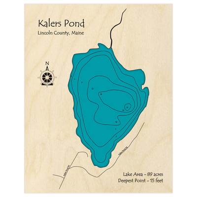 Bathymetric topo map of Kalers Pond with roads, towns and depths noted in blue water