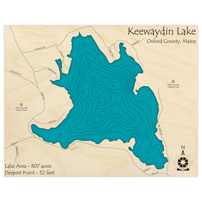 Bathymetric topo map of Keewaydin Lake with roads, towns and depths noted in blue water