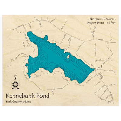 Bathymetric topo map of Kennebunk Pond with roads, towns and depths noted in blue water