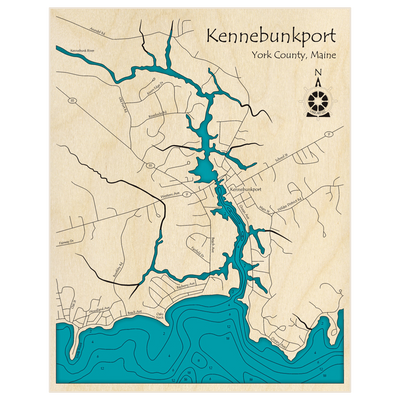 Bathymetric topo map of Kennebunk River at Kennebunkport with roads, towns and depths noted in blue water