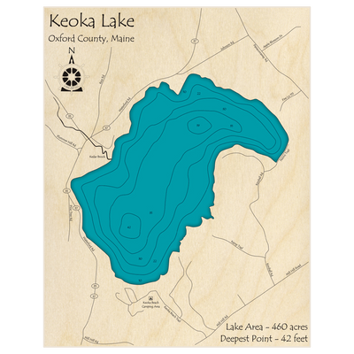 Bathymetric topo map of Keoka Lake with roads, towns and depths noted in blue water