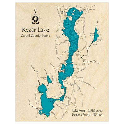 Bathymetric topo map of Kezar Lake with roads, towns and depths noted in blue water