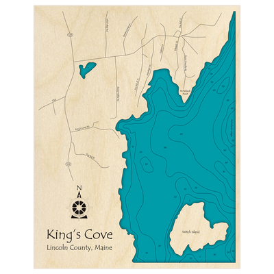 Bathymetric topo map of Kings Cove with McFarlands Point and Witch Island with roads, towns and depths noted in blue water