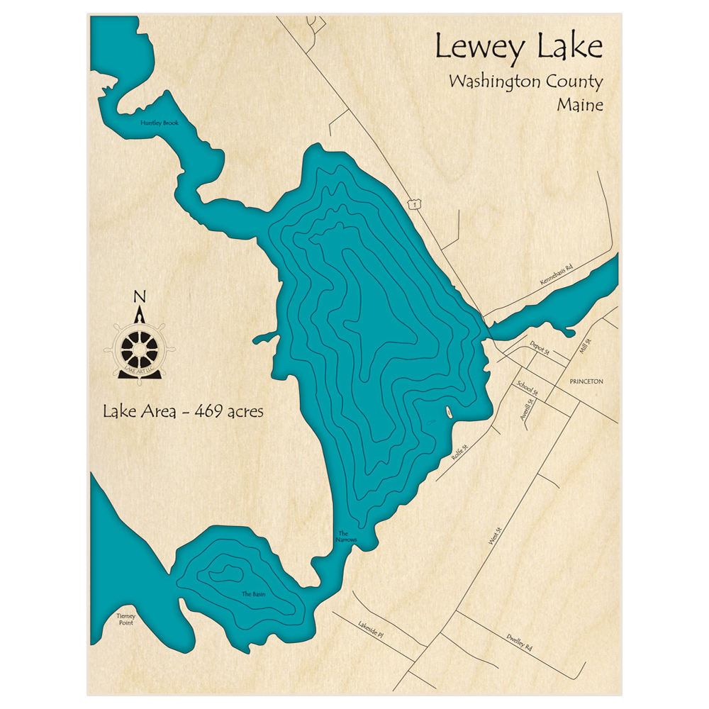 Bathymetric topo map of Lewey Lake  with roads, towns and depths noted in blue water