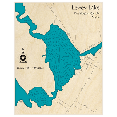 Bathymetric topo map of Lewey Lake  with roads, towns and depths noted in blue water