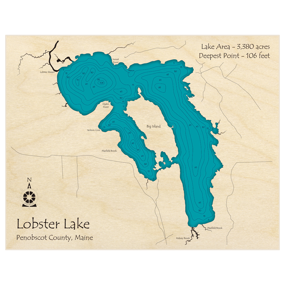 Bathymetric topo map of Lobster Lake with roads, towns and depths noted in blue water