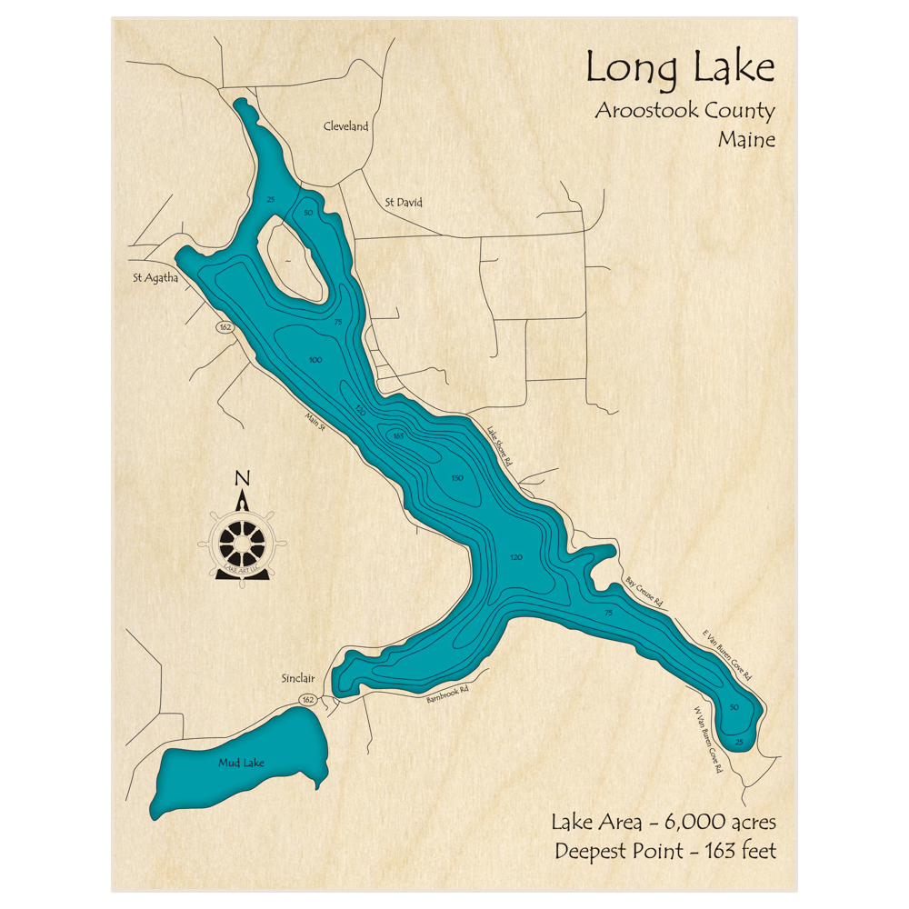 Bathymetric topo map of Long Lake with roads, towns and depths noted in blue water