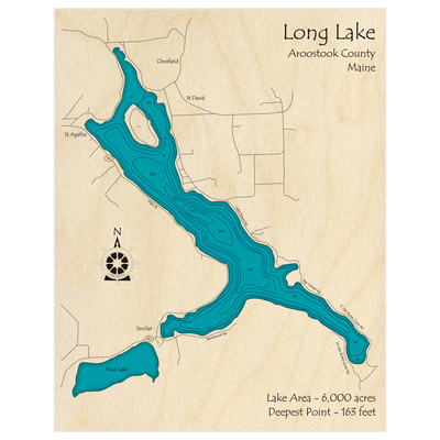 Bathymetric topo map of Long Lake with roads, towns and depths noted in blue water