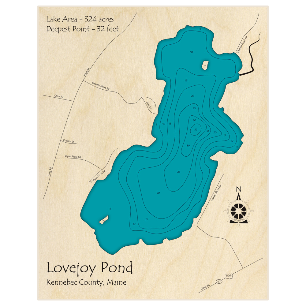 Bathymetric topo map of Lovejoy Pond (Near Albion) with roads, towns and depths noted in blue water