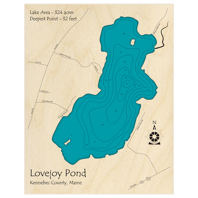 Bathymetric topo map of Lovejoy Pond (Near Albion) with roads, towns and depths noted in blue water