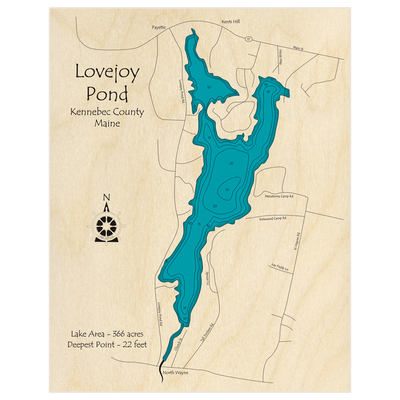 Bathymetric topo map of Lovejoy Pond (Near Fayette) with roads, towns and depths noted in blue water