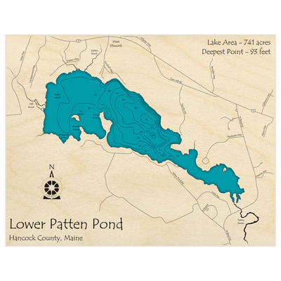 Bathymetric topo map of Lower Patten Pond with roads, towns and depths noted in blue water