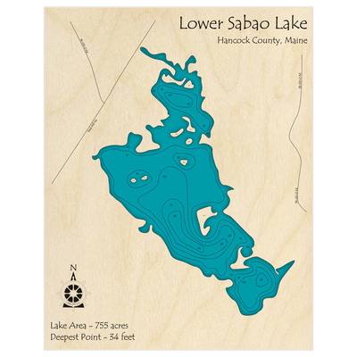 Bathymetric topo map of Lower Sabao Lake with roads, towns and depths noted in blue water