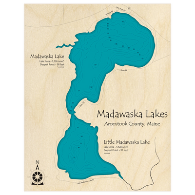 Bathymetric topo map of Madawaska Lakes with roads, towns and depths noted in blue water