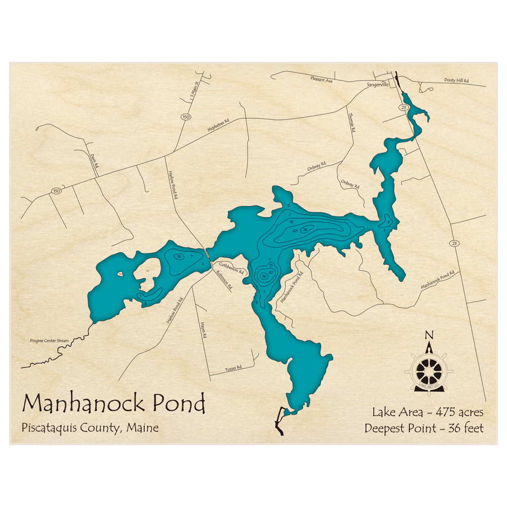 Bathymetric topo map of Manhanock Pond with roads, towns and depths noted in blue water
