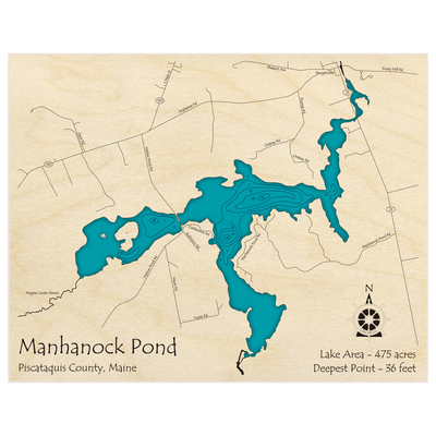 Bathymetric topo map of Manhanock Pond with roads, towns and depths noted in blue water