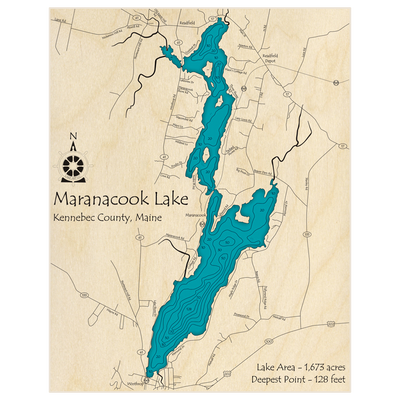 Bathymetric topo map of Maranacook Lake with roads, towns and depths noted in blue water