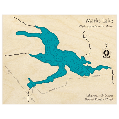 Bathymetric topo map of Marks Lake with roads, towns and depths noted in blue water