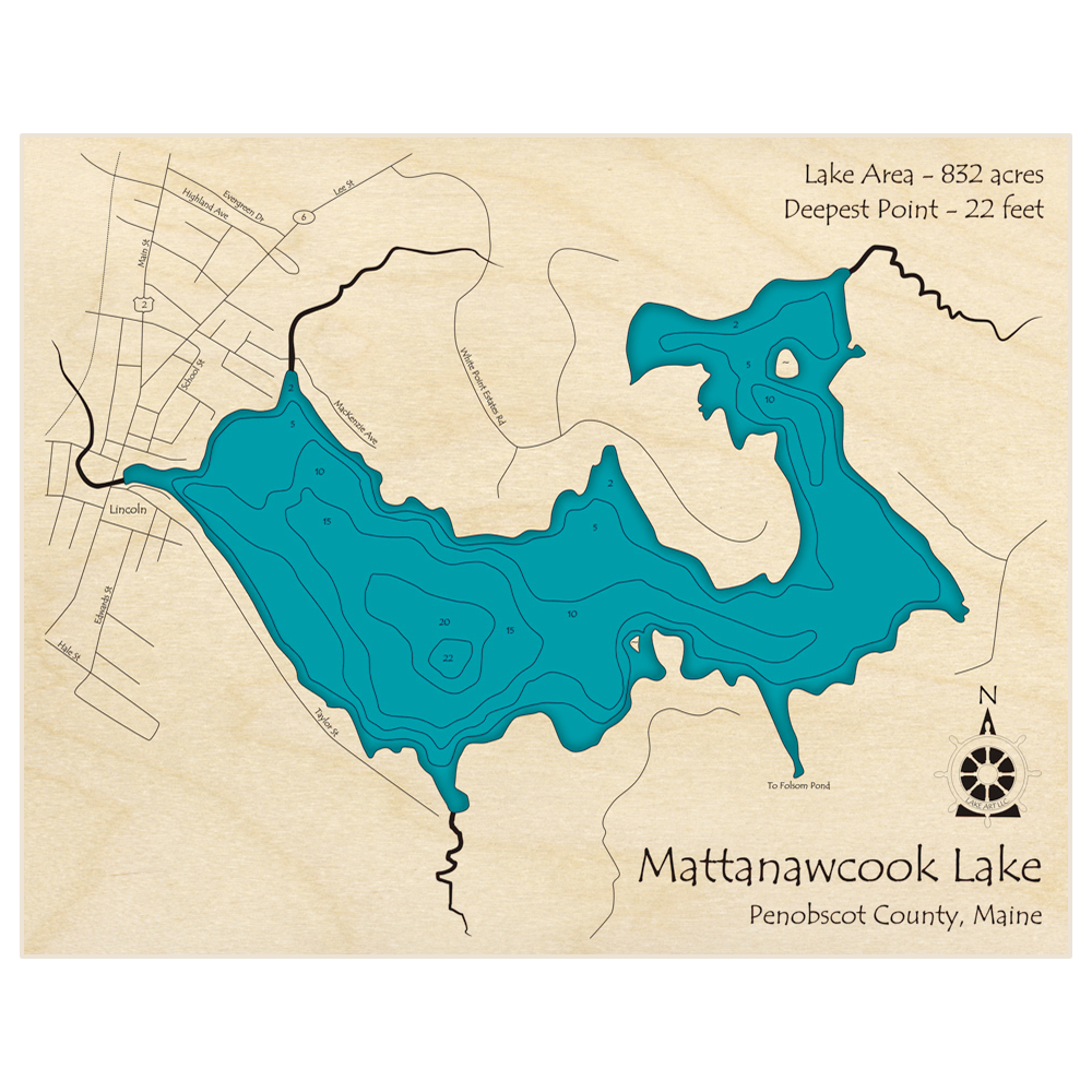 Bathymetric topo map of Mattanawcook Lake with roads, towns and depths noted in blue water