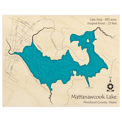 Bathymetric topo map of Mattanawcook Lake with roads, towns and depths noted in blue water