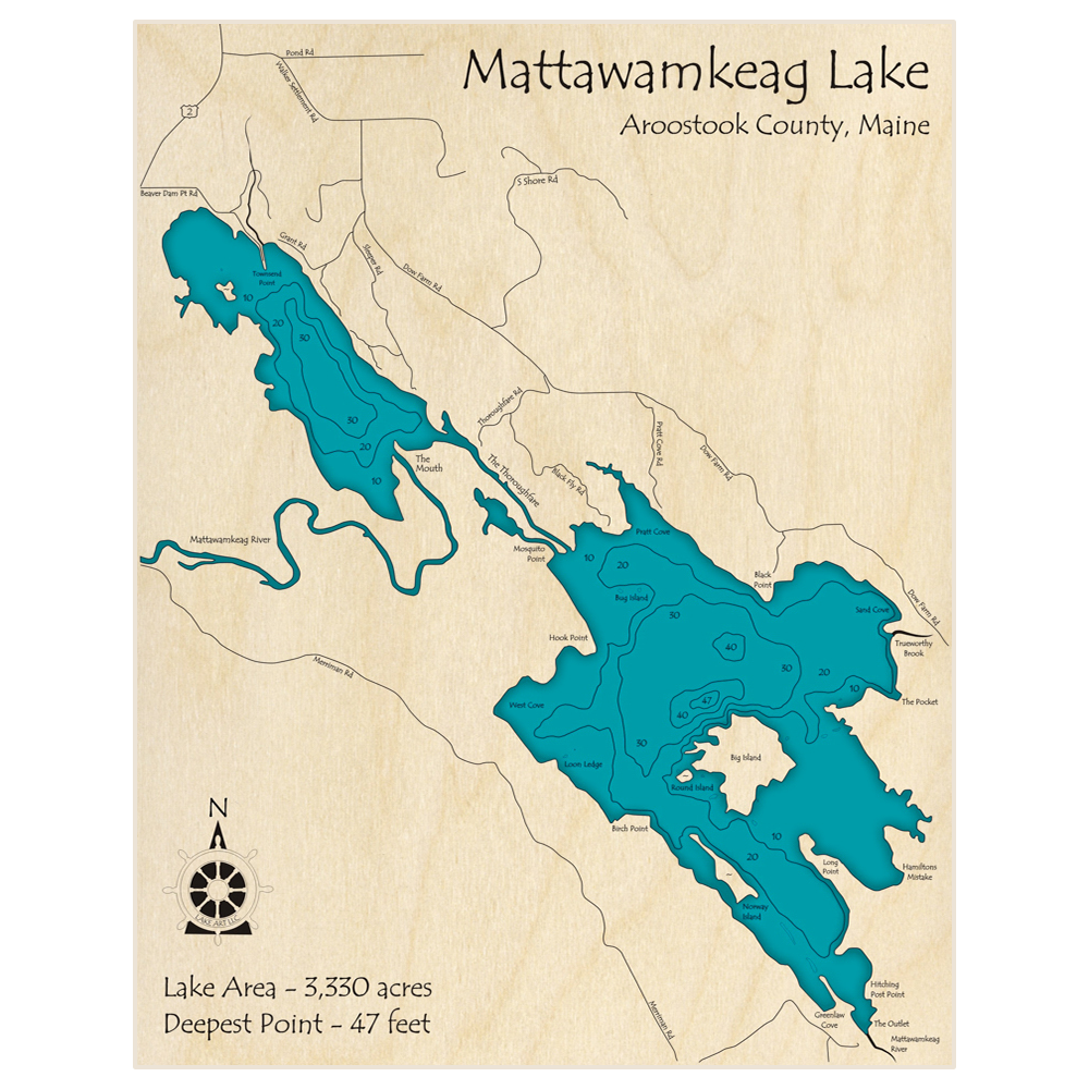 Bathymetric topo map of Mattawamkeag Lake with roads, towns and depths noted in blue water