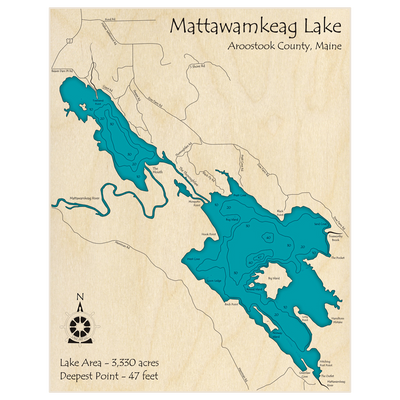 Bathymetric topo map of Mattawamkeag Lake with roads, towns and depths noted in blue water