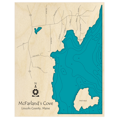 Bathymetric topo map of McFarlands Cove with roads, towns and depths noted in blue water