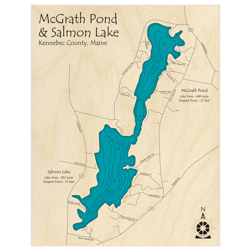 Bathymetric topo map of McGrath Pond (With Salmon Lake) with roads, towns and depths noted in blue water